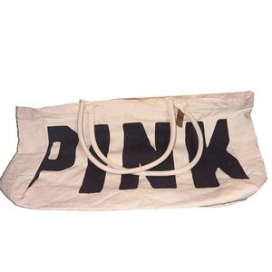 Victoria’s Secret PINK Large Canvas Tote Bag Cream Black Logo Zip Closure NWT